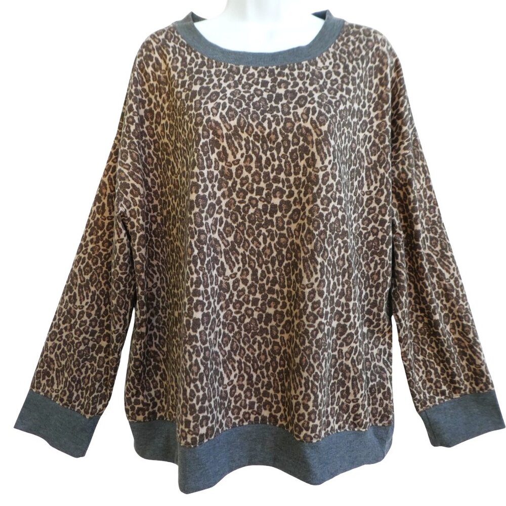 Splendid Nordstrom Animal Cheetah Pullover Stretch Top Grey Trim Scoop Comfy XXL